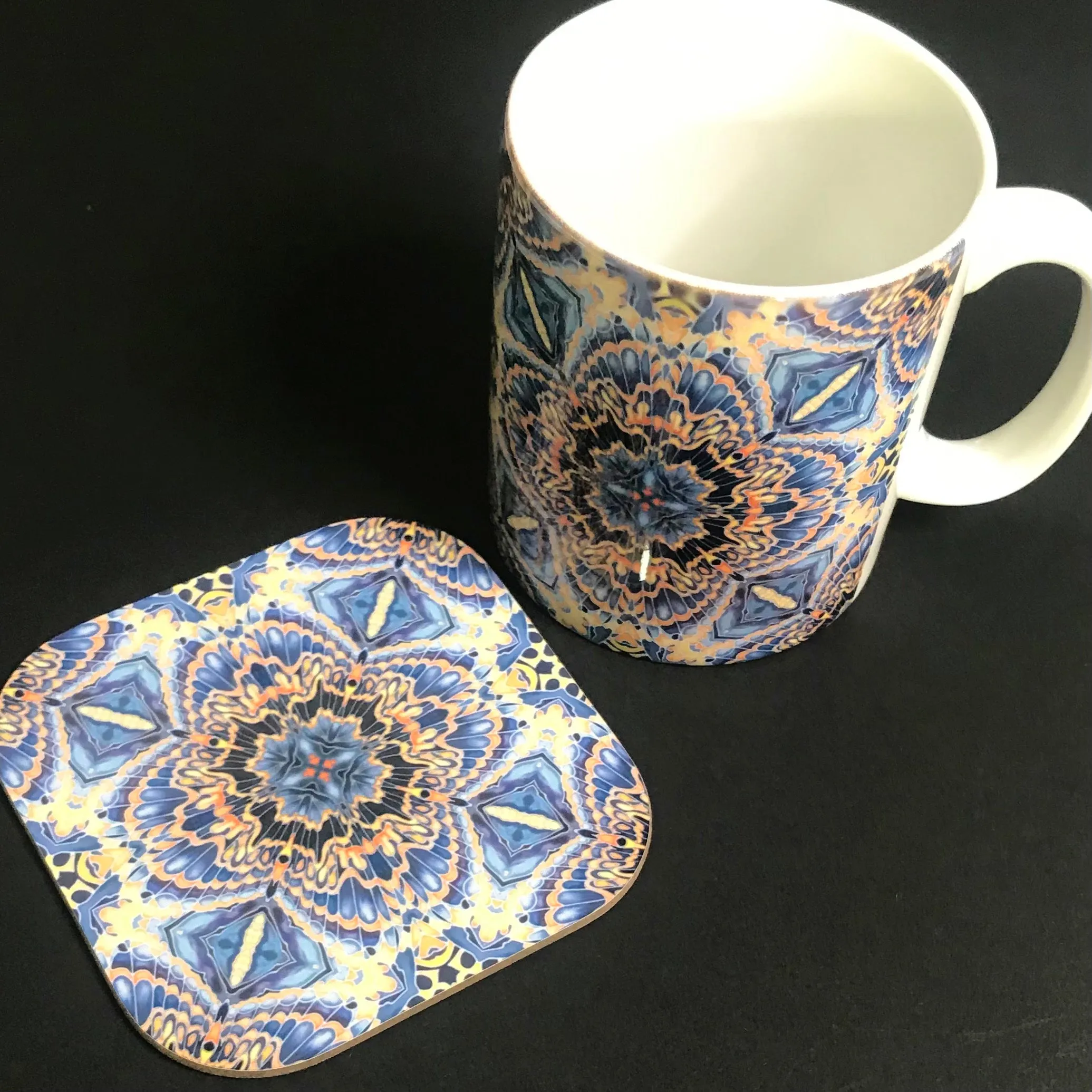 Gorgeous Orange Grey Blue Kaleidoscope Mug and Coaster box set only - Contemporary Mug Set - Grey Blue Orange Mug Gift