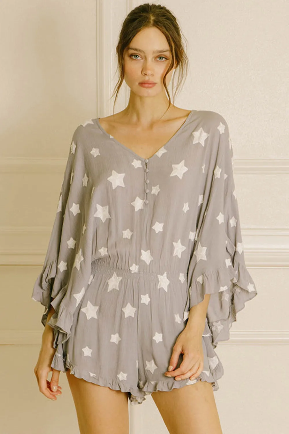Gray Star Print Ruffle Hem V Neck Romper