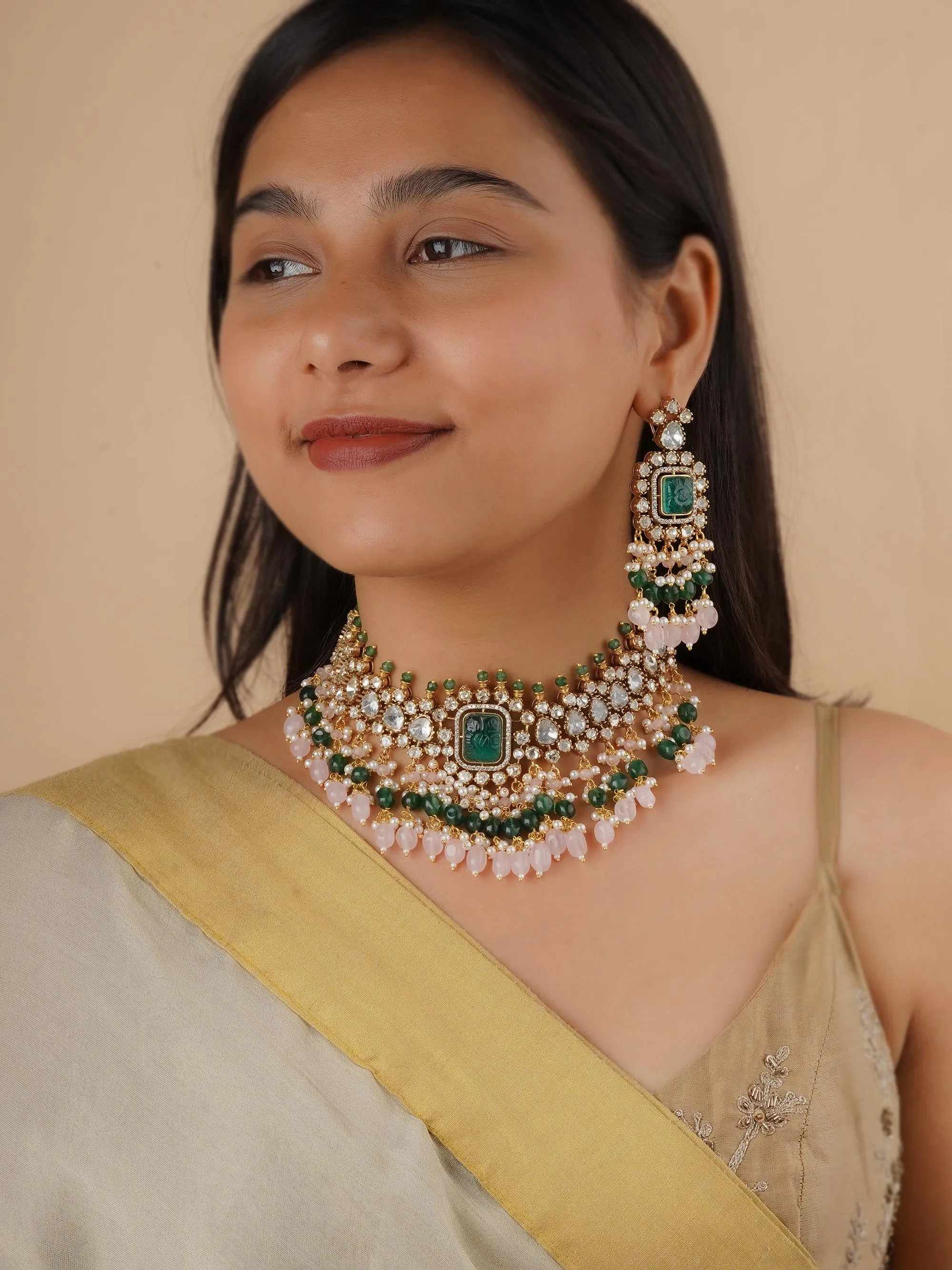 Green Color Gold Plated Faux Polki Necklace Set - PK-S170GR
