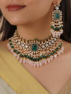 Green Color Gold Plated Faux Polki Necklace Set - PK-S170GR