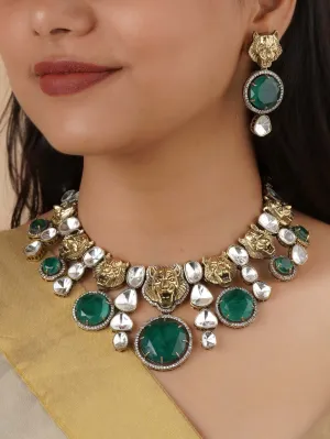 Green Color Gold Plated Faux Polki Necklace Set - PK-S177GR