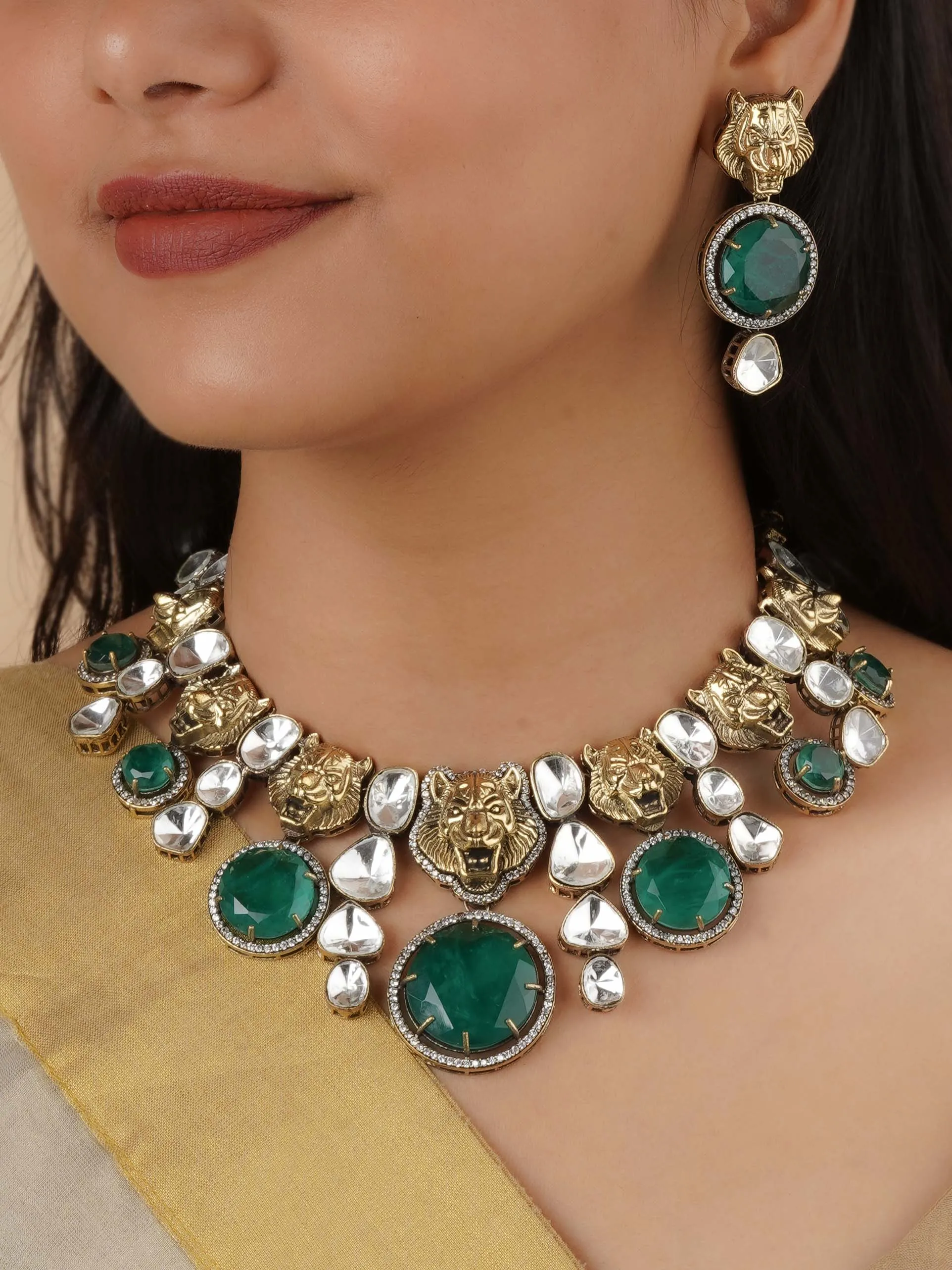 Green Color Gold Plated Faux Polki Necklace Set - PK-S177GR