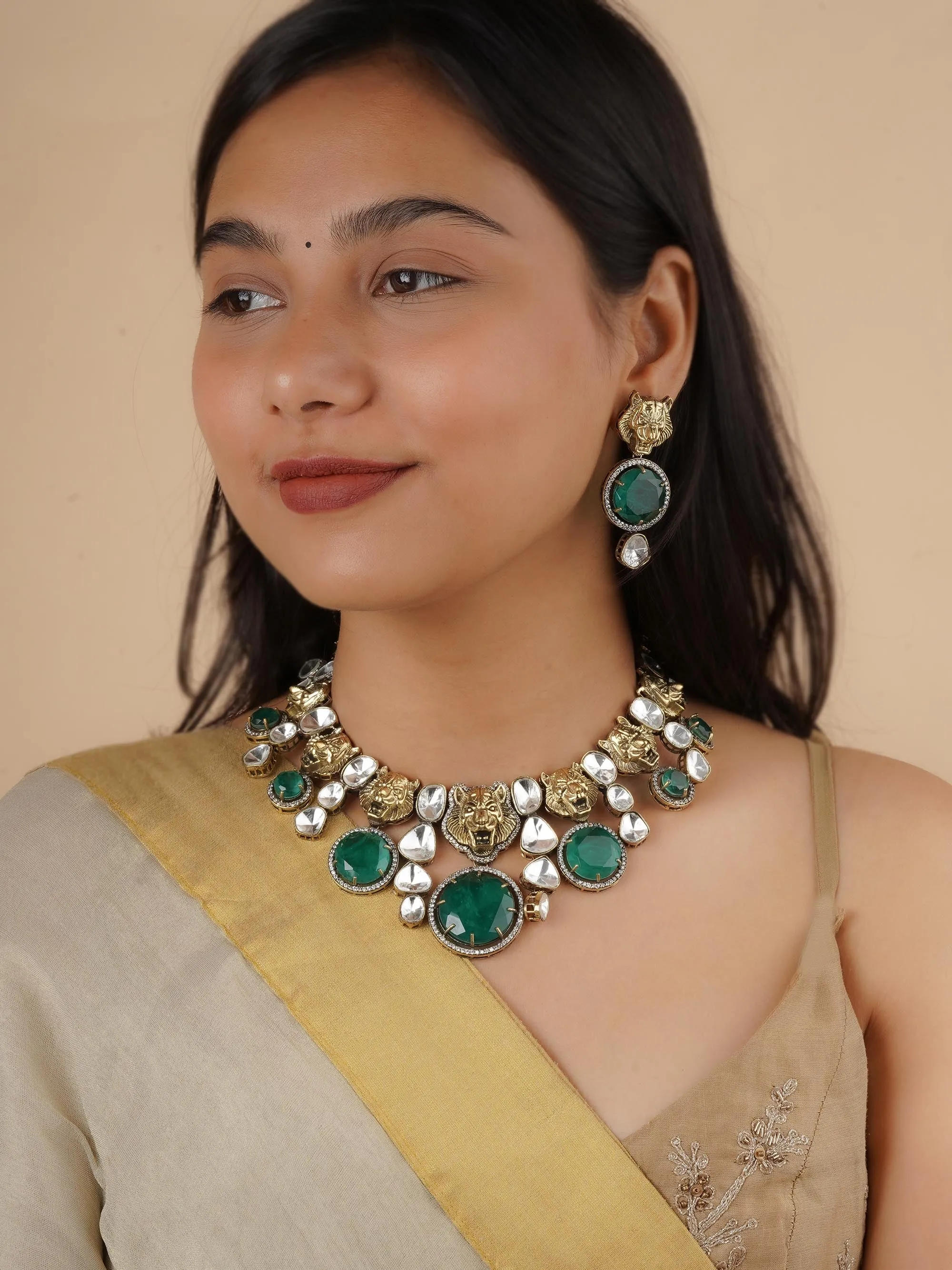 Green Color Gold Plated Faux Polki Necklace Set - PK-S177GR