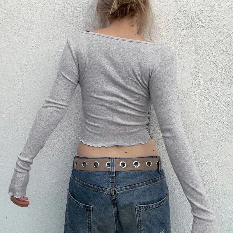 Grunge Frill Y2K Women T-shirts Slim Vintage Graphic Printed Autumn Tee Babu Buttons Up 90s Aesthetic Cropped Top New