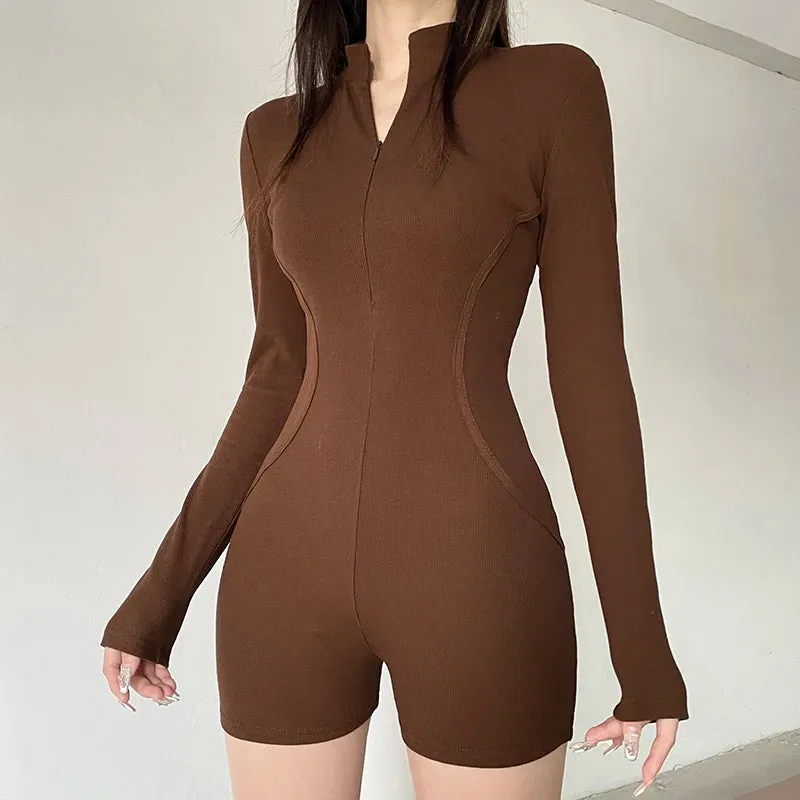 Harajuku Brown Fitness Autumn Playsuit Women Stitched Sporty Chic Long Sleeve One Piece Bodysuit Romper Basic Outfits