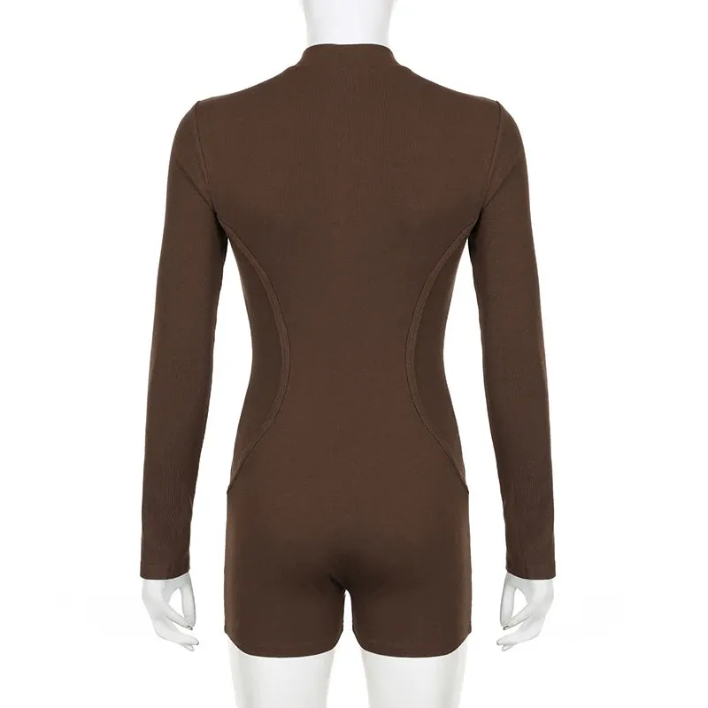 Harajuku Brown Fitness Autumn Playsuit Women Stitched Sporty Chic Long Sleeve One Piece Bodysuit Romper Basic Outfits