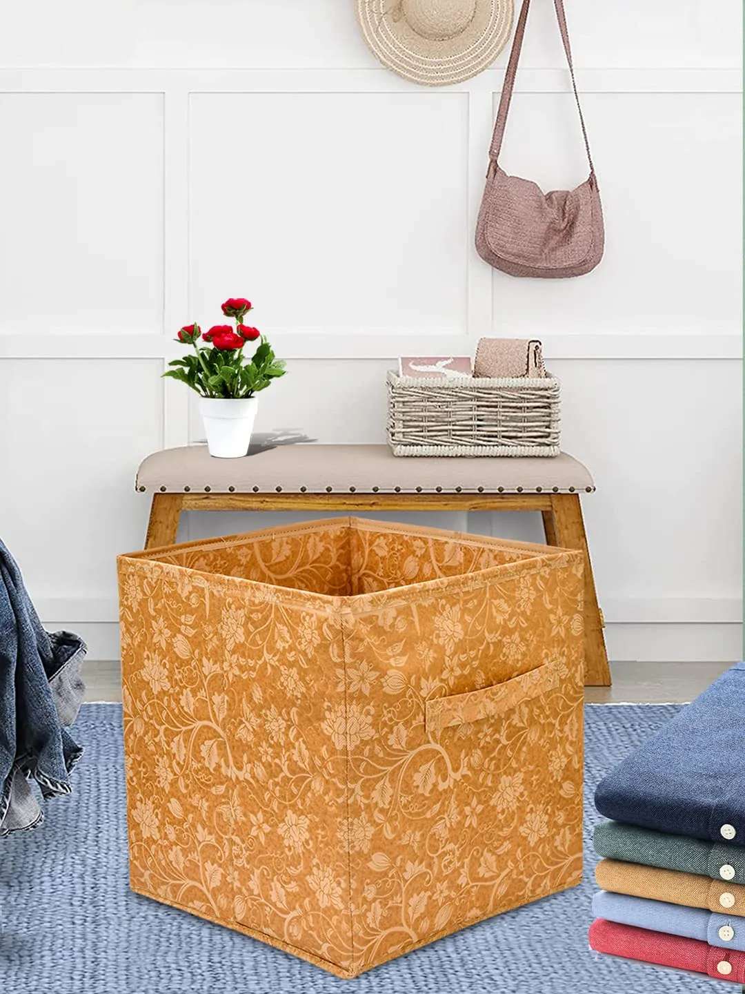 Heart Home Metalic Printed Multi-Utility Organizer, Storage box, Closet For Clothes, Toys With Handle- Pack of 3 (Brown)-HS43HEARTH26209