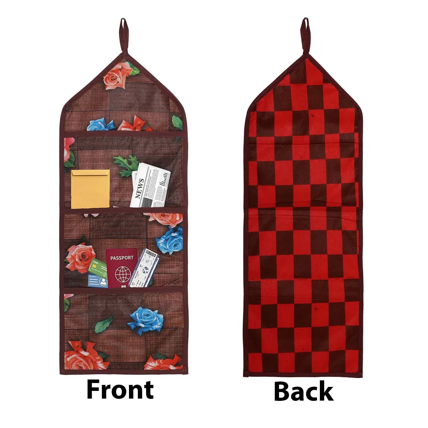 Heart Home Paper Holder | Foldable Hanging Organizer | PVC Gulab Document Holder | Wall Hanging Organizer with 3 Pocket | Pack of 2 | Maroon