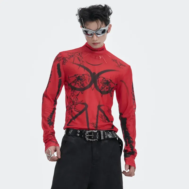 High Street Printing Long Sleeved T-shirt Long Design High Neck New Fashion Contrast Color Male Tops Undershirt 24E1283