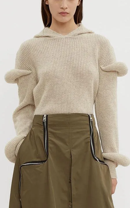 Hooded Sleeve Puff Knit Sweater in Beige