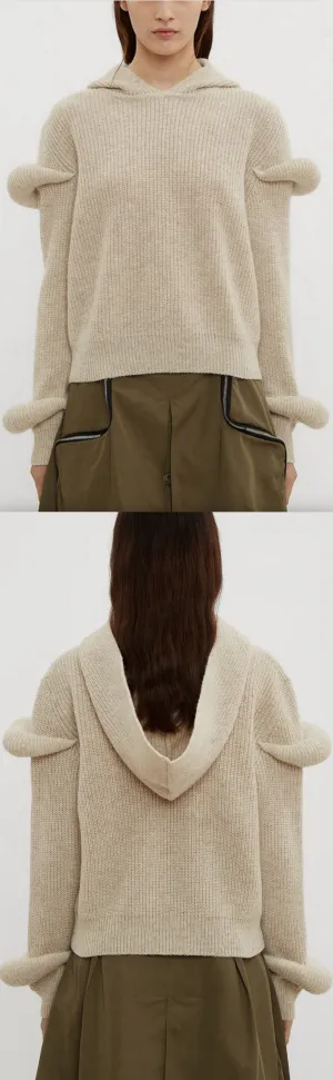 Hooded Sleeve Puff Knit Sweater in Beige