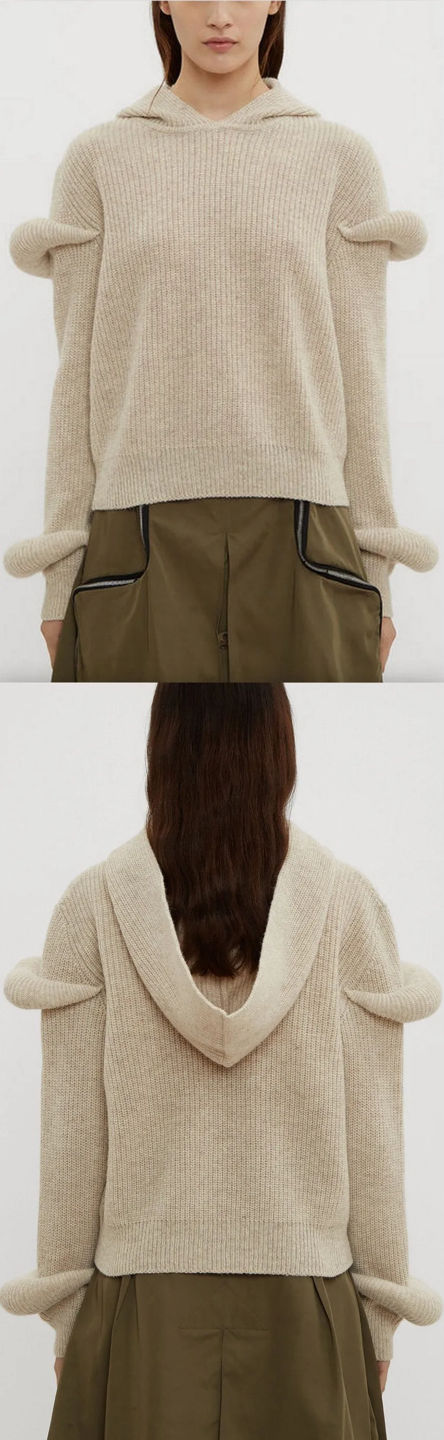 Hooded Sleeve Puff Knit Sweater in Beige
