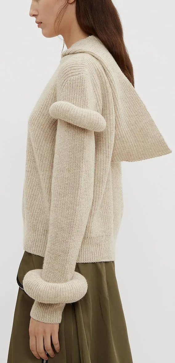 Hooded Sleeve Puff Knit Sweater in Beige