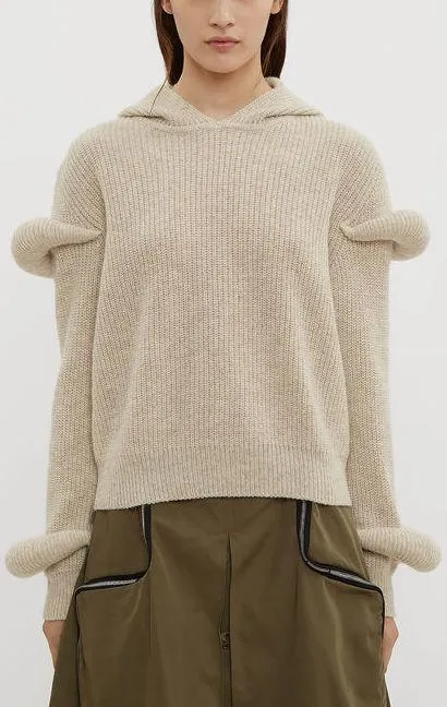 Hooded Sleeve Puff Knit Sweater in Beige