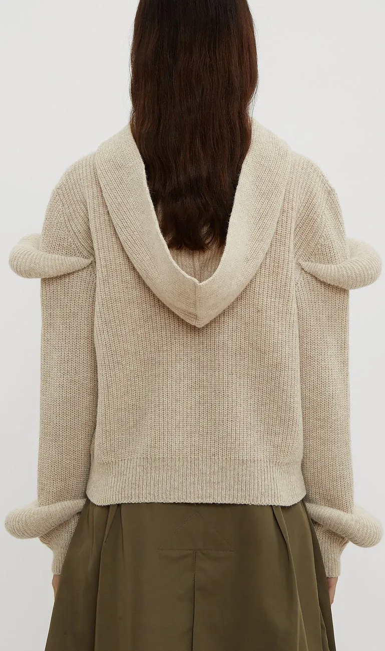Hooded Sleeve Puff Knit Sweater in Beige