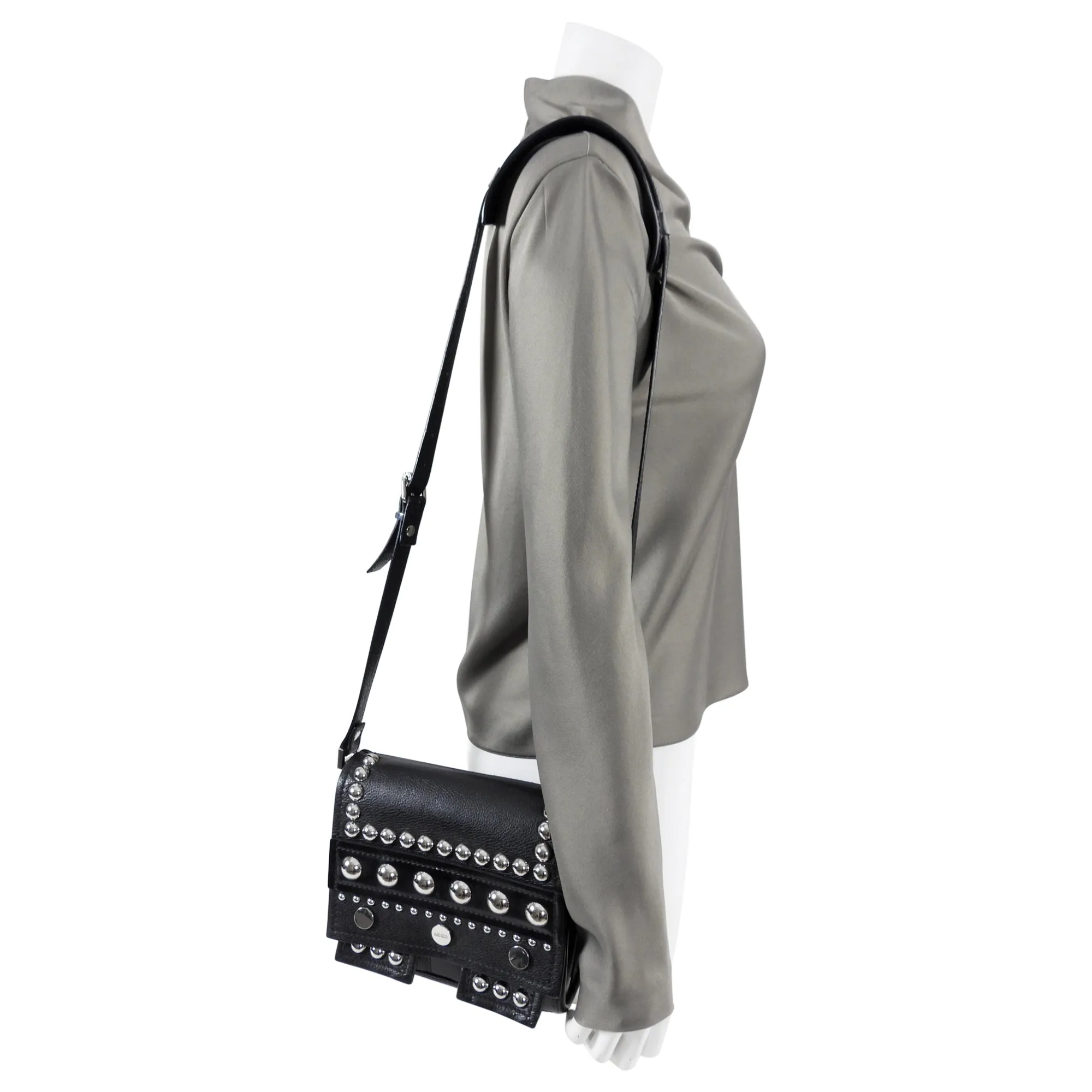 Kenzo Black Leather and Silver Stud Crossbody Bag