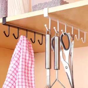Kitchen Cabinet Hook Hanger, Kitchen Storage Cupboard Hanging Rack, 6 hooks Metal Cabinet Holder, Multifunctional Stuck Board Organizer, Under Cabinet Closet Hook Rack