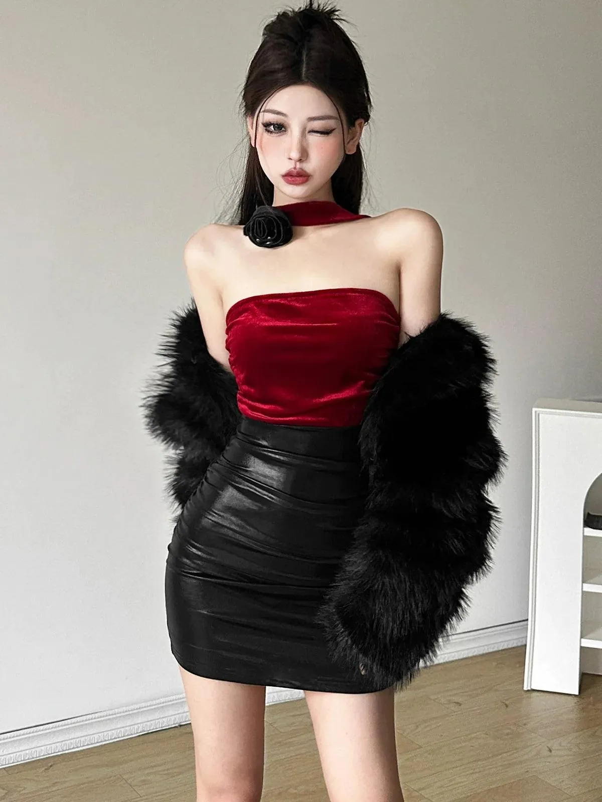 Kliou Color Contrast Patchwork Dress: Elegant Halterneck Style for Women