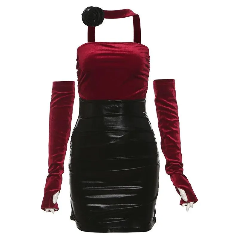 Kliou Color Contrast Patchwork Dress: Elegant Halterneck Style for Women