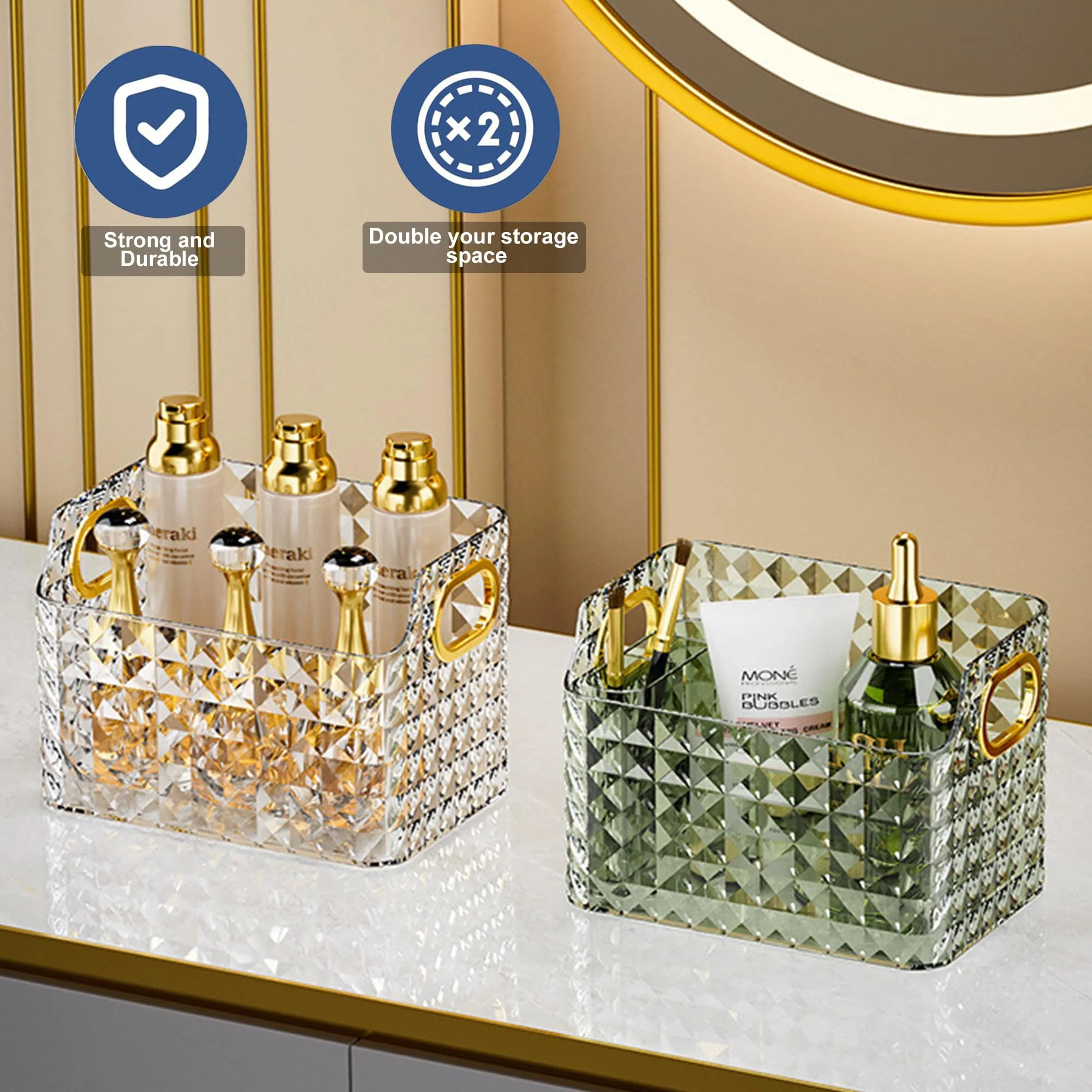Kuber Industries Pack of 6 Makeup Desk Organizer | Diamond Cut Glass Finishing ABS | Multipurpose Cosmetic Organiser | large capacity | Skin Care Products Holder for Dressing Table | Dark Green