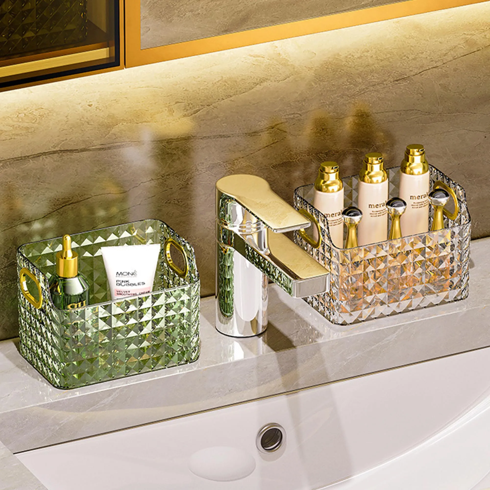 Kuber Industries Pack of 6 Makeup Desk Organizer | Diamond Cut Glass Finishing ABS | Multipurpose Cosmetic Organiser | large capacity | Skin Care Products Holder for Dressing Table | Dark Green