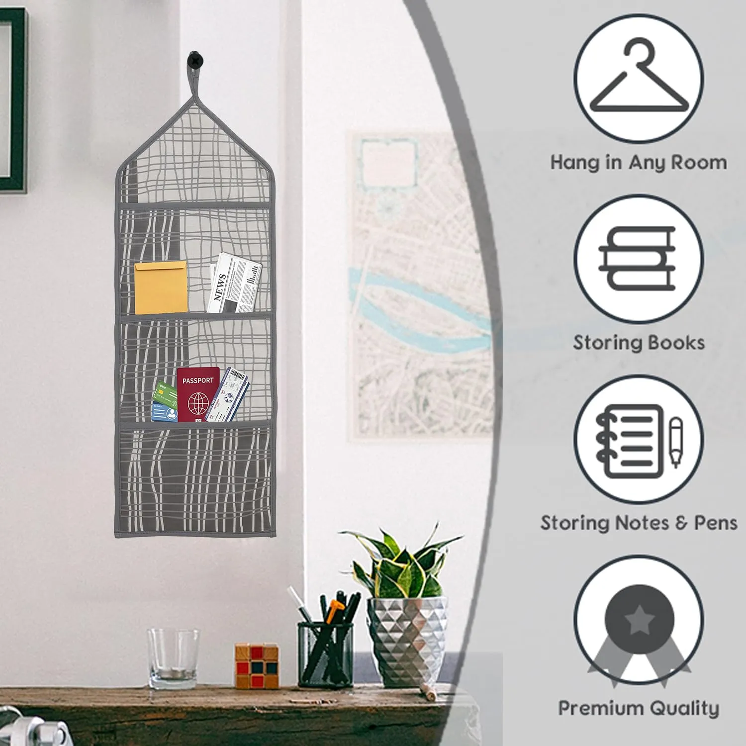 Kuber Industries Paper Holder | Foldable Hanging Organizer | PVC Lining Design Magazine Holder | Document Organizer | Wall Hanging Letter Holder with 3 Pocket | Pack of 2 | Gray