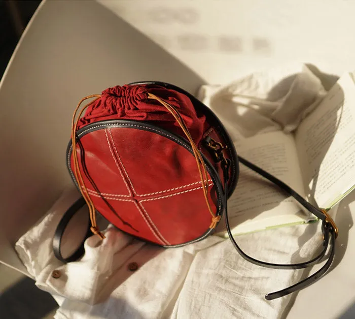 Ladies Leather Circle Bag Round Purse Small Crossbody Purse for Women