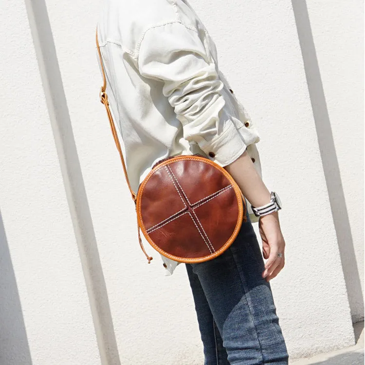 Ladies Leather Circle Bag Round Purse Small Crossbody Purse for Women