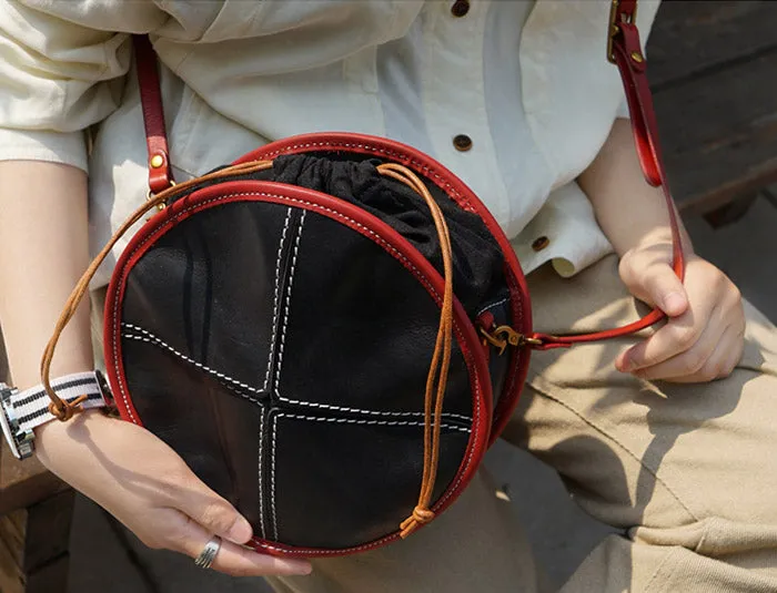 Ladies Leather Circle Bag Round Purse Small Crossbody Purse for Women