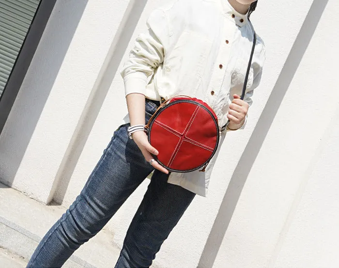 Ladies Leather Circle Bag Round Purse Small Crossbody Purse for Women
