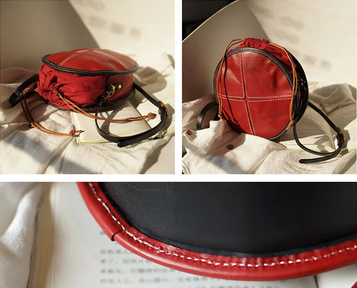 Ladies Leather Circle Bag Round Purse Small Crossbody Purse for Women