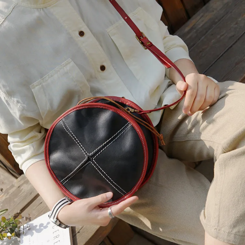 Ladies Leather Circle Bag Round Purse Small Crossbody Purse for Women