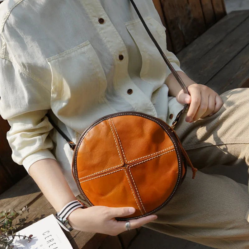 Ladies Leather Circle Bag Round Purse Small Crossbody Purse for Women
