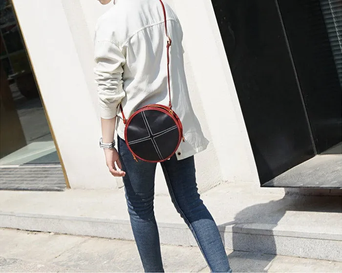 Ladies Leather Circle Bag Round Purse Small Crossbody Purse for Women