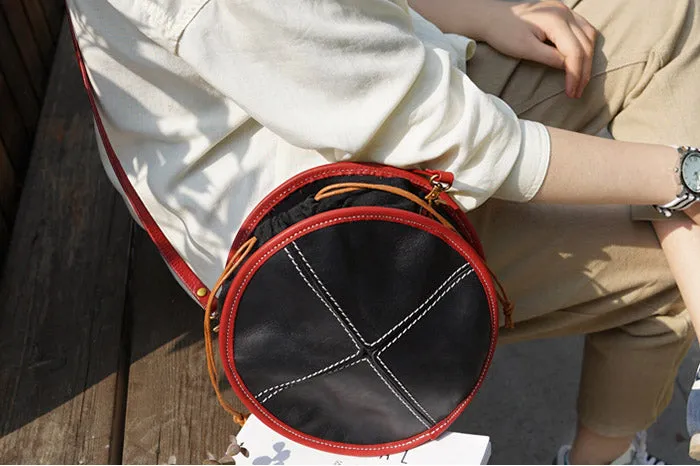 Ladies Leather Circle Bag Round Purse Small Crossbody Purse for Women