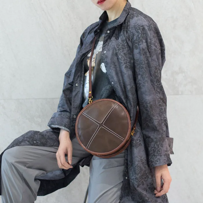 Ladies Leather Circle Bag Round Purse Small Crossbody Purse for Women