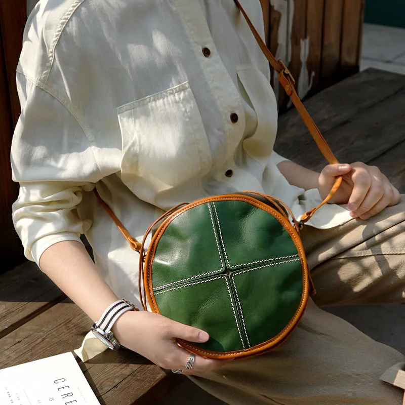 Ladies Leather Circle Bag Round Purse Small Crossbody Purse for Women
