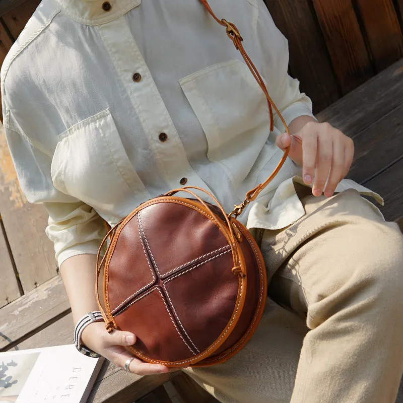 Ladies Leather Circle Bag Round Purse Small Crossbody Purse for Women