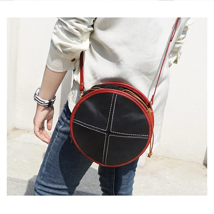 Ladies Leather Circle Bag Round Purse Small Crossbody Purse for Women