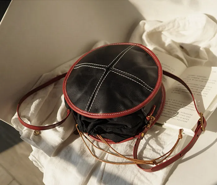Ladies Leather Circle Bag Round Purse Small Crossbody Purse for Women