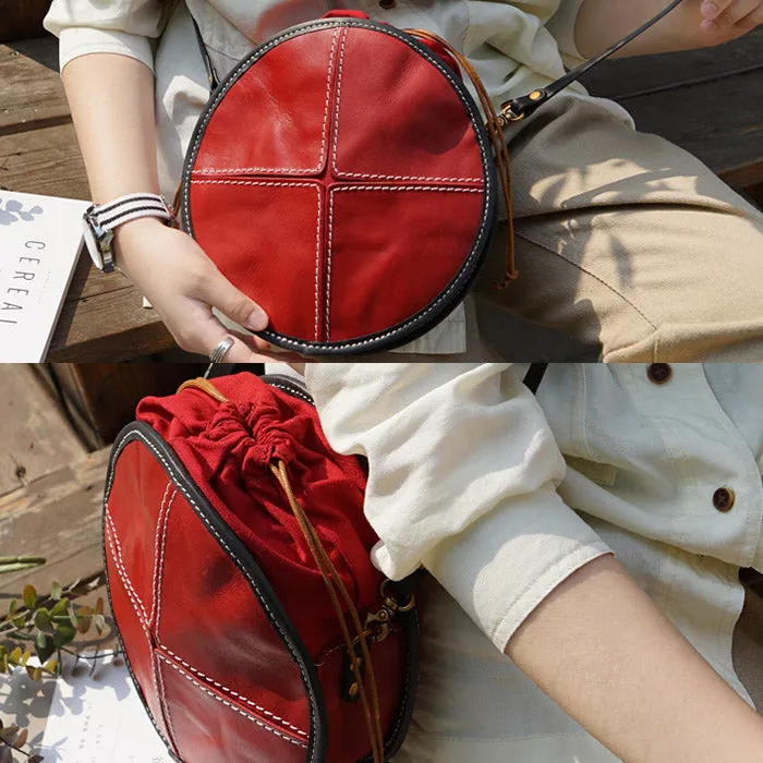 Ladies Leather Circle Bag Round Purse Small Crossbody Purse for Women