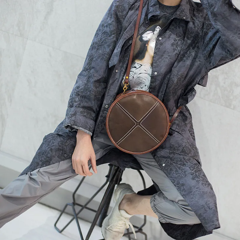 Ladies Leather Circle Bag Round Purse Small Crossbody Purse for Women