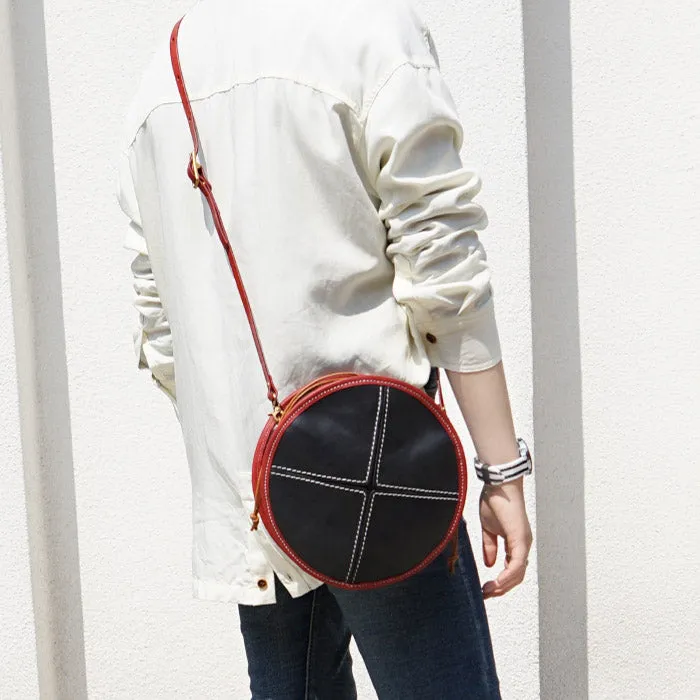 Ladies Leather Circle Bag Round Purse Small Crossbody Purse for Women