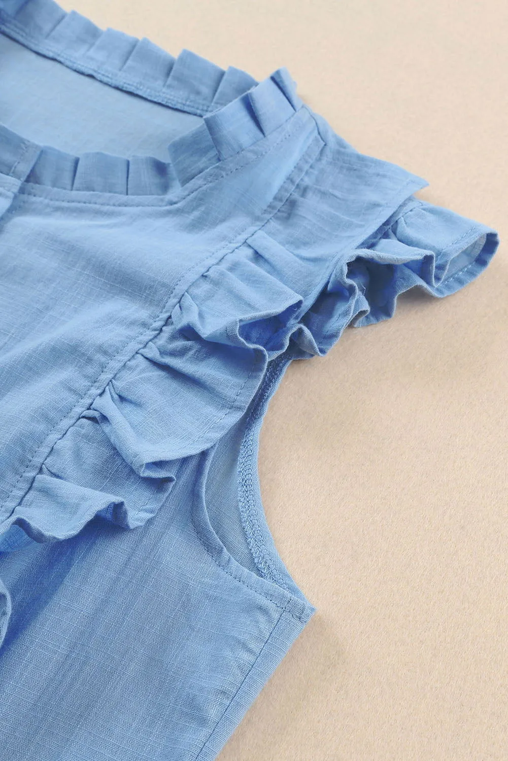 Light Blue Ruffle Trim Sleeveless Button Up Shirt
