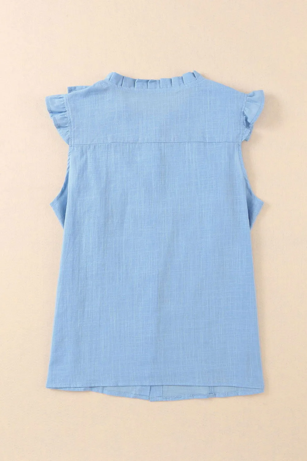 Light Blue Ruffle Trim Sleeveless Button Up Shirt