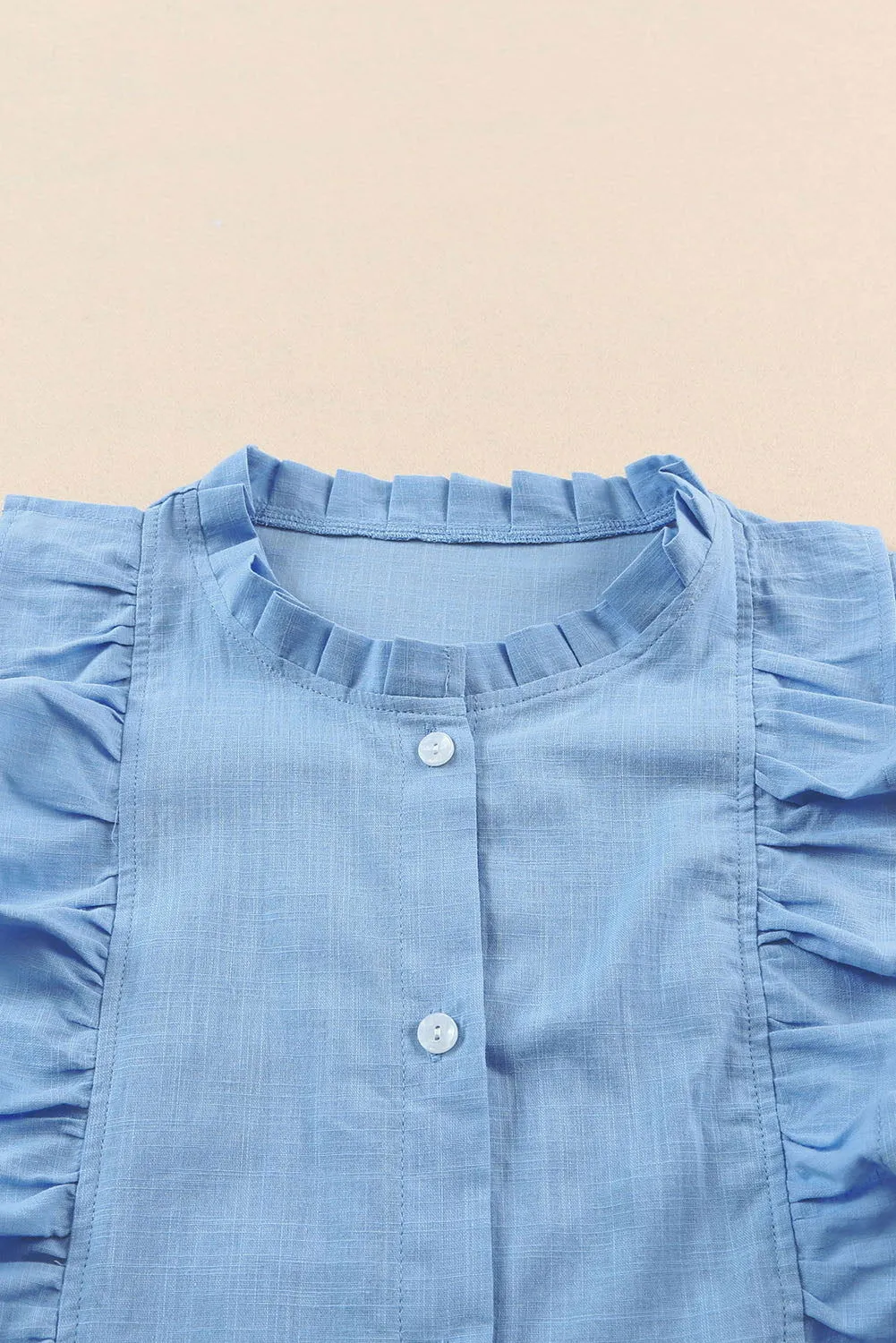 Light Blue Ruffle Trim Sleeveless Button Up Shirt