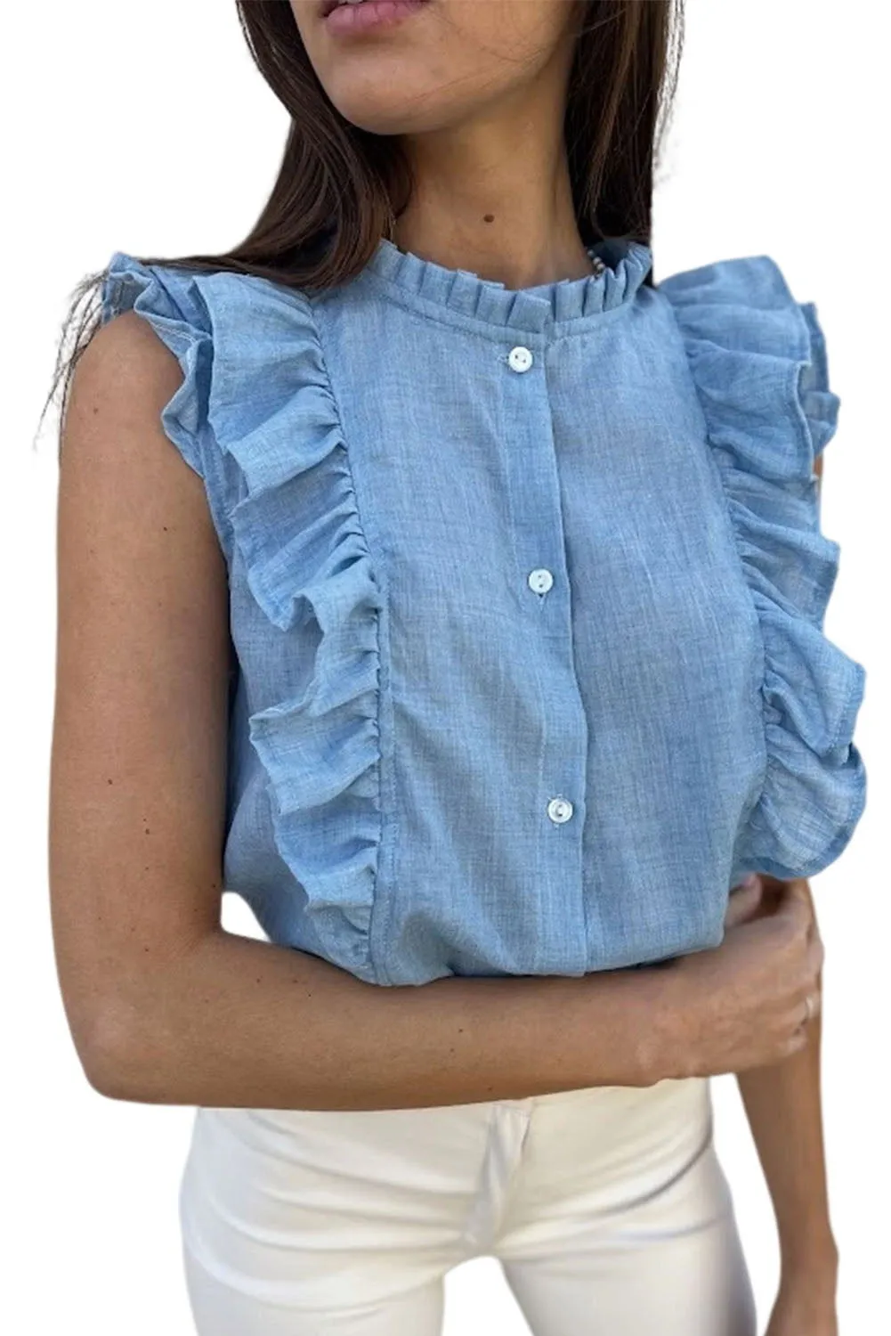 Light Blue Ruffle Trim Sleeveless Button Up Shirt