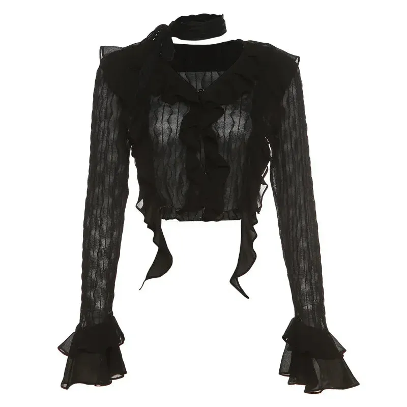 Mesh Sheer Black Shirts Y2k Fairy Grunge Irregular Hem Ruffled Flare Long Sleeve Crop Top Vintage Clothes P94-EZ20