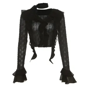 Mesh Sheer Black Shirts Y2k Fairy Grunge Irregular Hem Ruffled Flare Long Sleeve Crop Top Vintage Clothes P94-EZ20