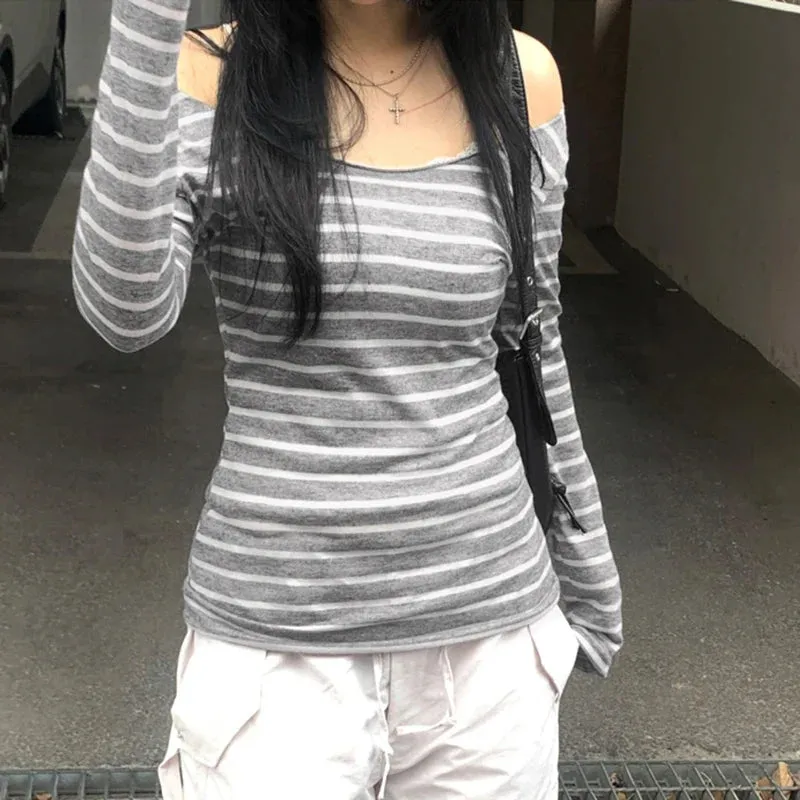 Metaversmall Casual Stripe Slim Autumn Tee Shirt Long Sleeve Spring Autumn Harajuku Basic Top Korean Preppy Style Pullover Knitted